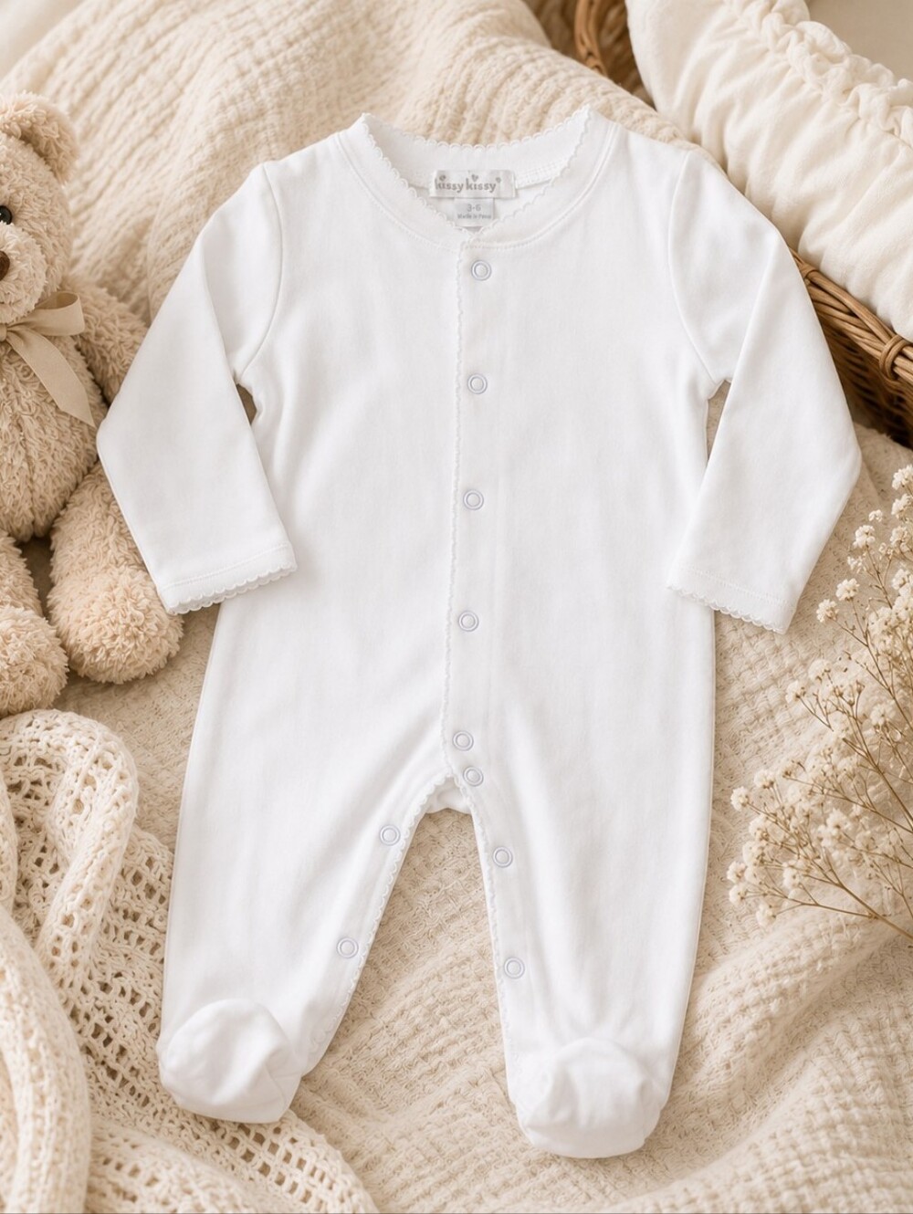 Kissy Kissy White Pima Cotton Footed Sleeper 3–6M Classic Baby Essential